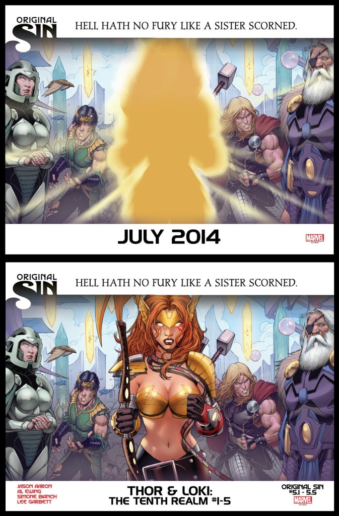 *Top: The teaser image released by Marvel this week. *Bottom: Today's Angela reveal from Marvel at C2E2.