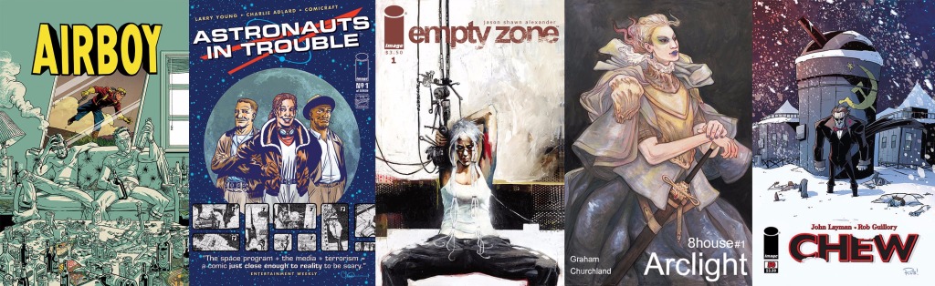 IMAGE COMICS: Airboy #1 (3), Astronauts in Trouble #1 (10), Empty Zone #1 (17), 8House: Arclight #1 (24), Chew #50 (17).
