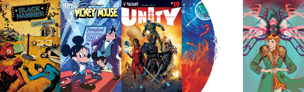ASSORTED: Black Hammer #1 (Dark Horse, 10), Mickey Mouse #1 (IDW, TBD), UNITY #19 (Valiant, TBD), Broken World #1 (BOOM!, TBD), The Fiction #1 (BOOM!, TBD)
